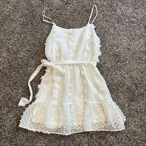 A. CALIN by Flying Tomato Women’s Small White lined Dress boho Pom pom